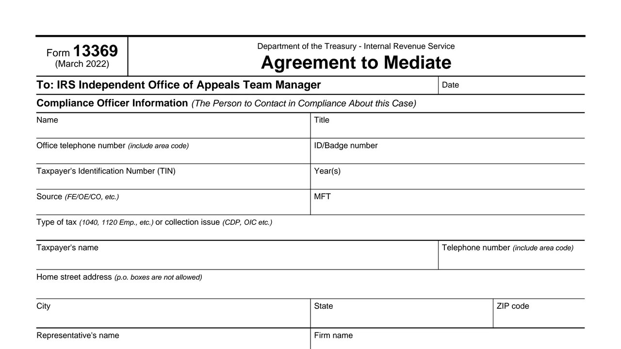 Top of page 1 of Form 13369: Agreement to Mediate, as printed by IRS