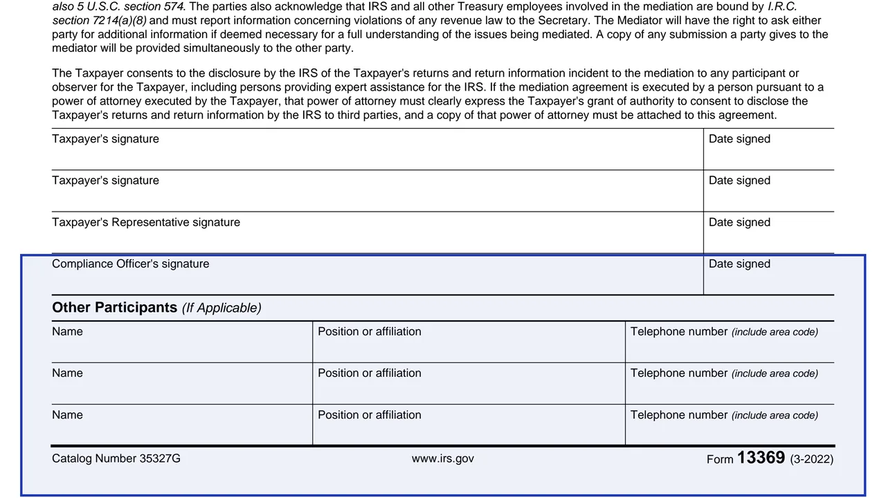 Compliance officer on page 1 of Form 13369: Agreement to Mediate, as printed by IRS