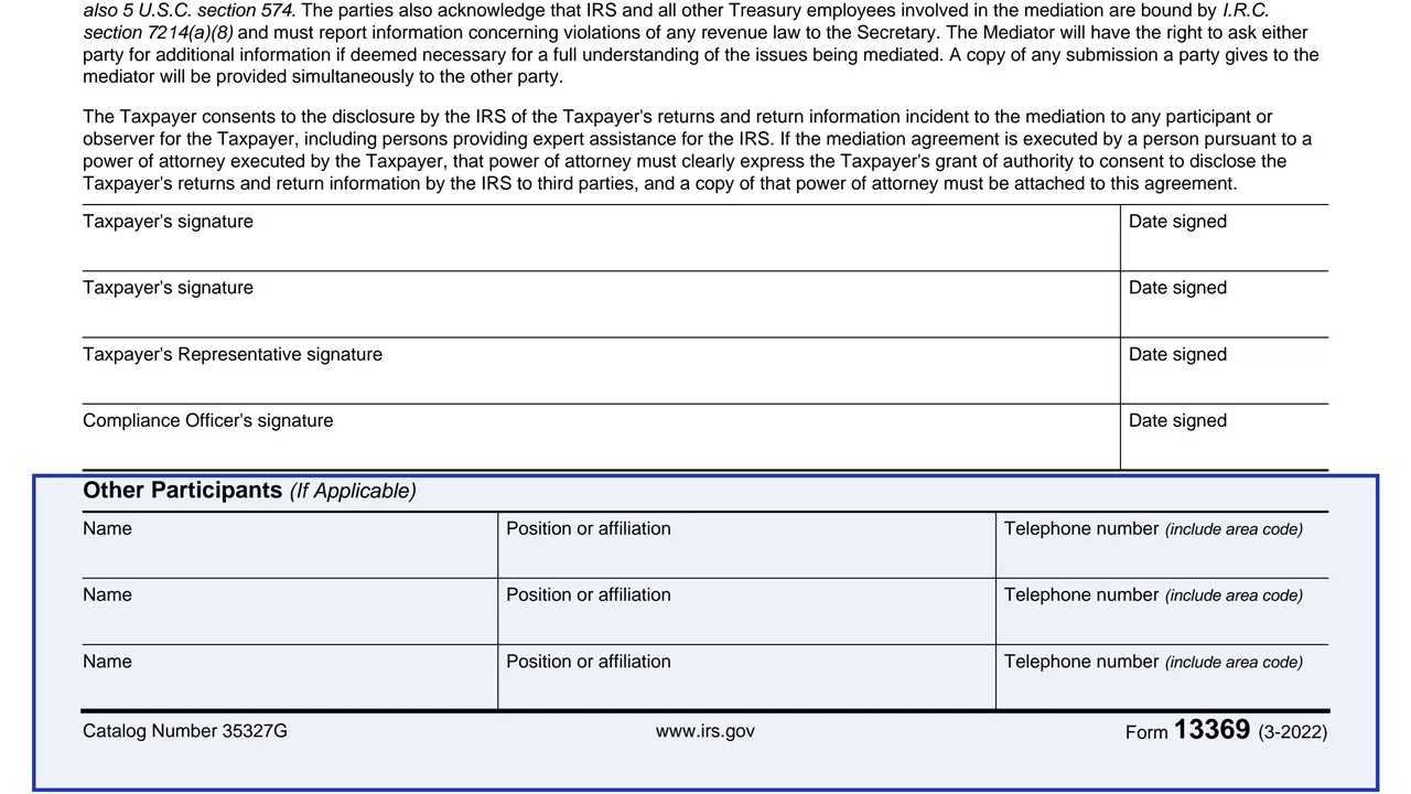 Other participants on page 1 of Form 13369: Agreement to Mediate, as printed by IRS