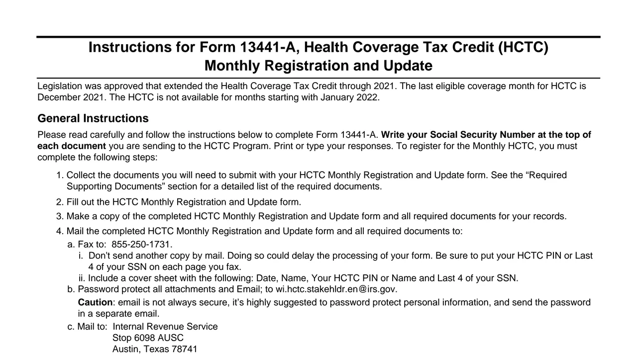 Top of page 1 of Form 13441-A: Health Coverage Tax Credit (HCTC) Monthly Registration and Update, as printed by IRS