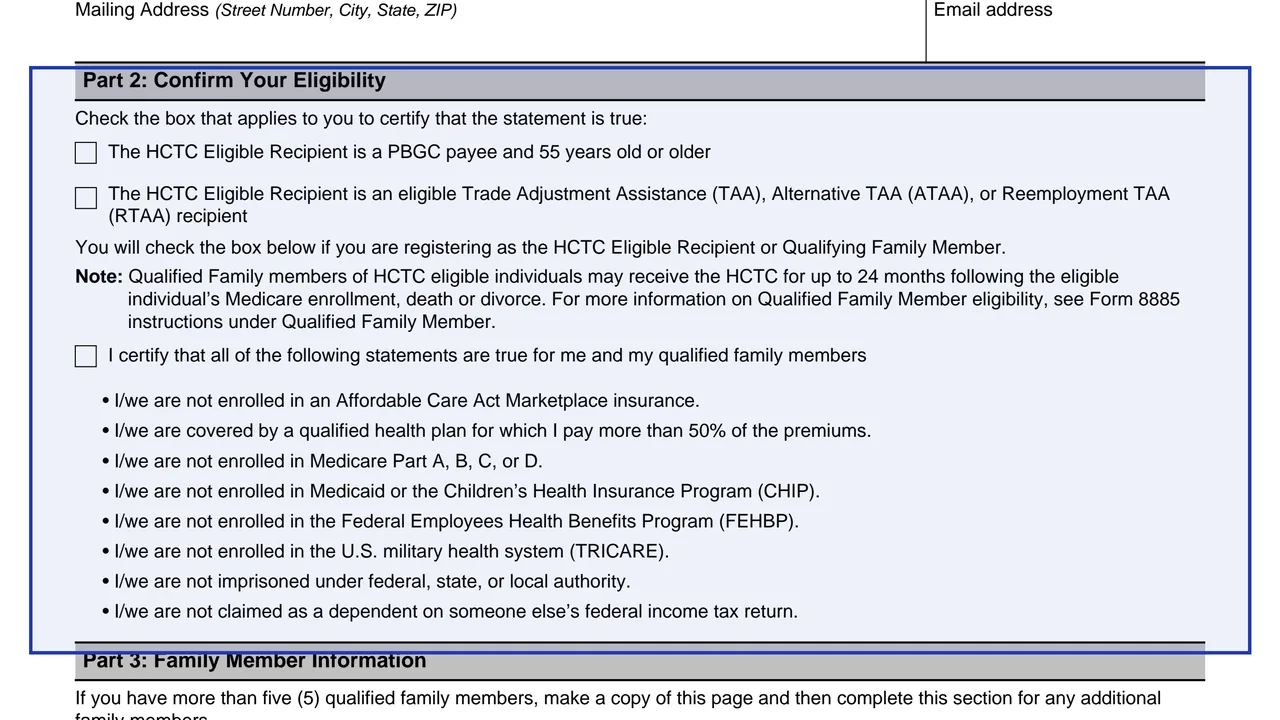 Part 2: Confirm Your Eligibility on page 3 of Form 13441-A: Health Coverage Tax Credit (HCTC) Monthly Registration and Update, as printed by IRS
