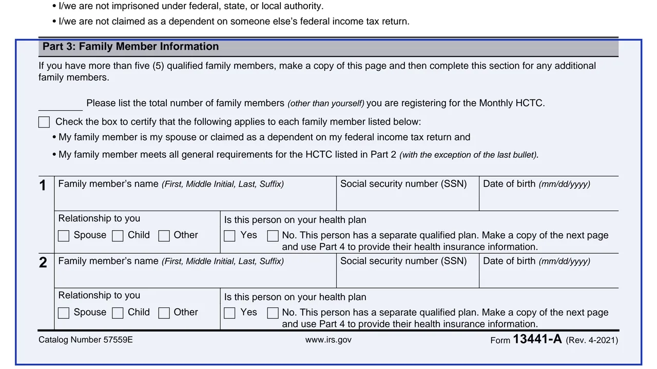 Part 3: Family Member Information on page 3 of Form 13441-A: Health Coverage Tax Credit (HCTC) Monthly Registration and Update, as printed by IRS