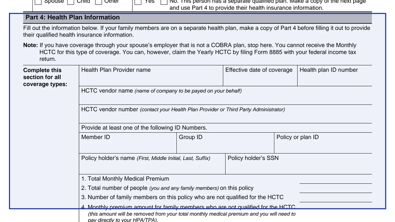 Part 4: Health Plan Information on page 4 of Form 13441-A: Health Coverage Tax Credit (HCTC) Monthly Registration and Update, as printed by IRS