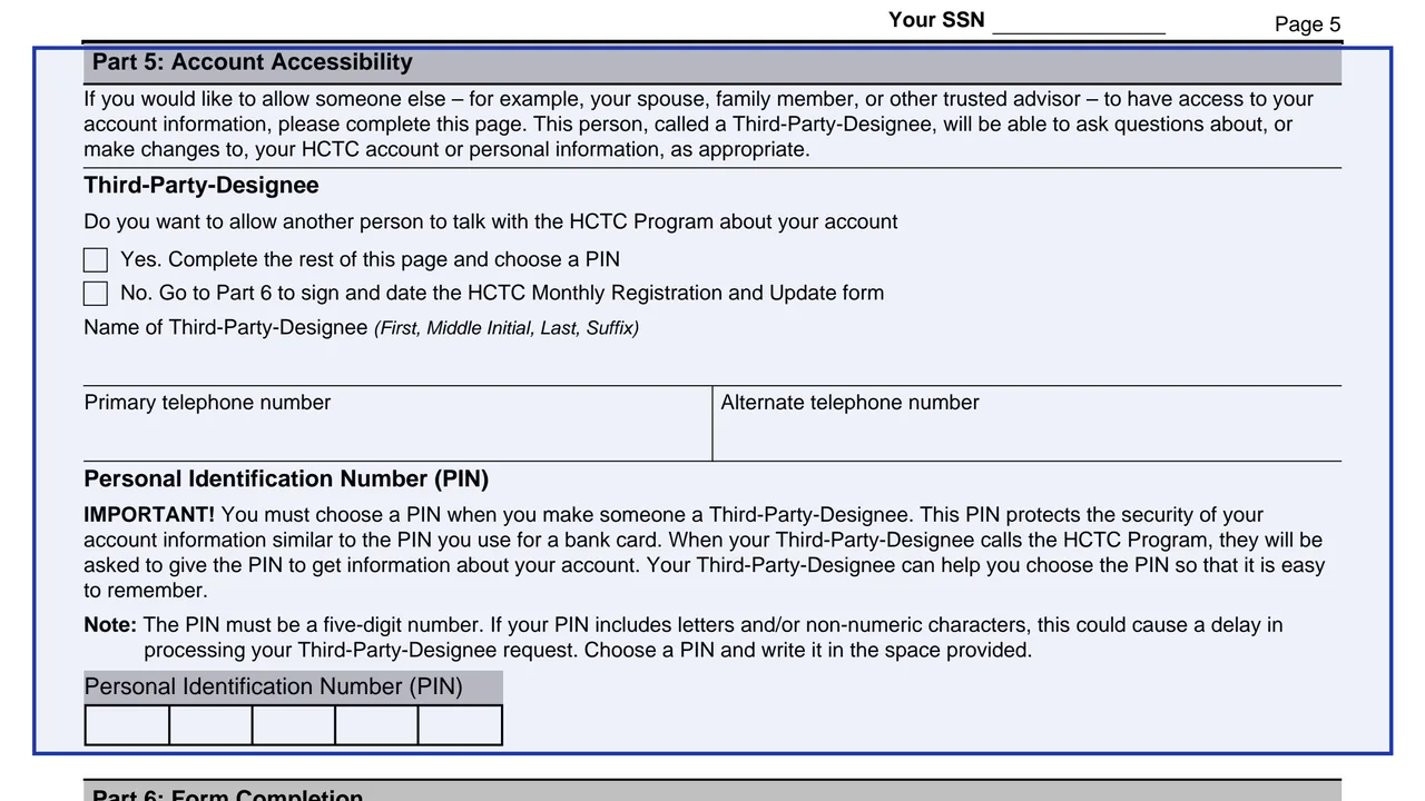 Part 5: Account Accessibility on page 5 of Form 13441-A: Health Coverage Tax Credit (HCTC) Monthly Registration and Update, as printed by IRS