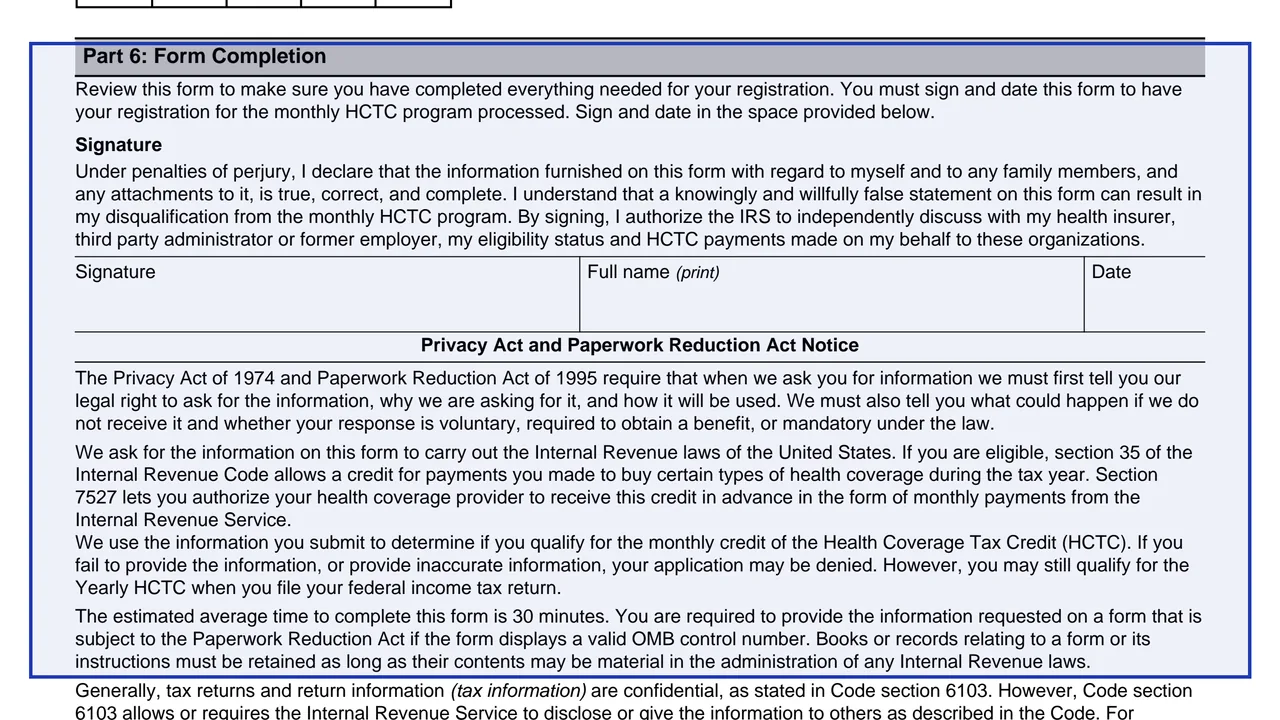 Part 6: Form Completion on page 5 of Form 13441-A: Health Coverage Tax Credit (HCTC) Monthly Registration and Update, as printed by IRS