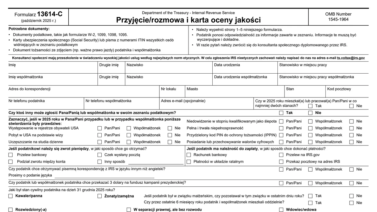 Top of page 1 of Form 13614-C (pl): Intake/Interview and Quality Review Sheet, Polish Version, as printed by IRS