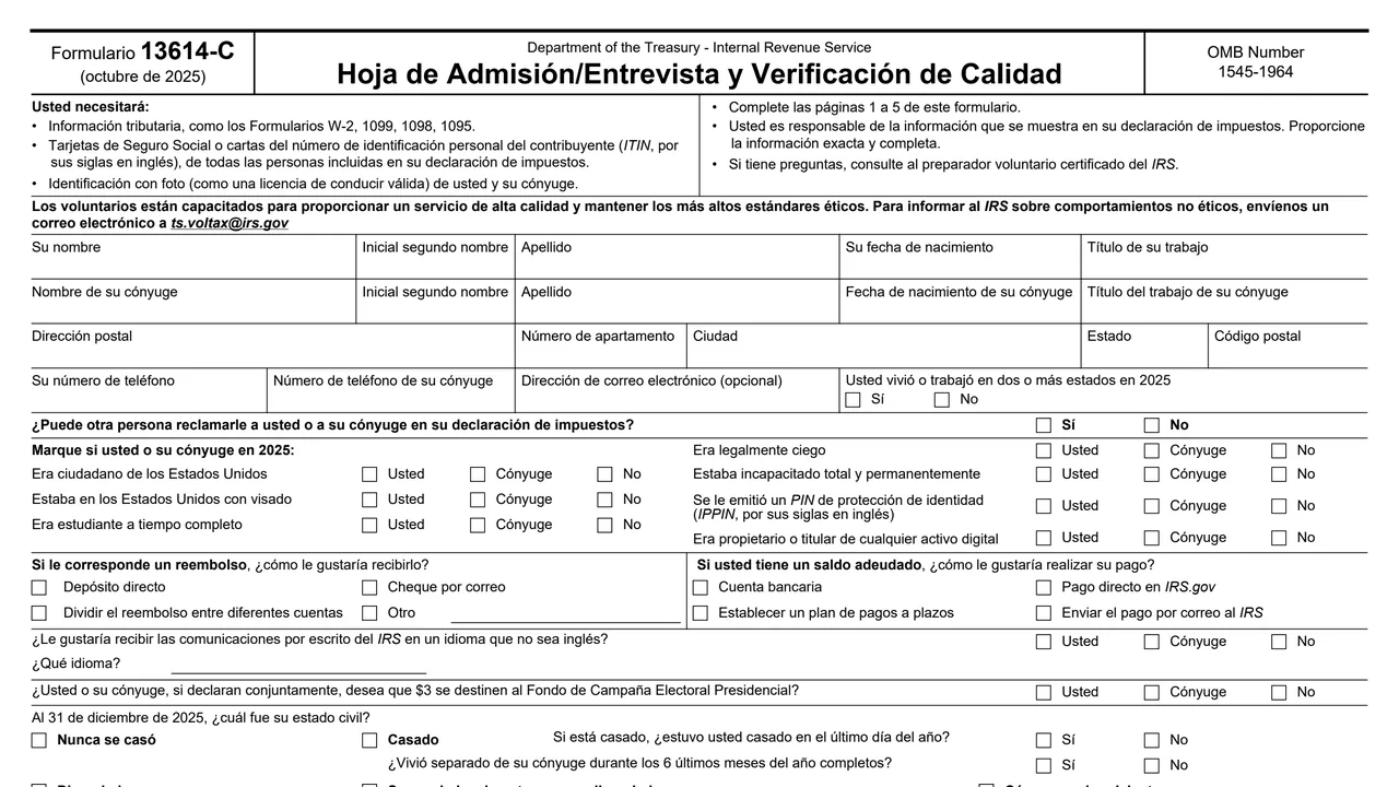 Top of page 1 of Form 13614-C (sp): Intake/Interview and Quality Review Sheet, Spanish Version, as printed by IRS