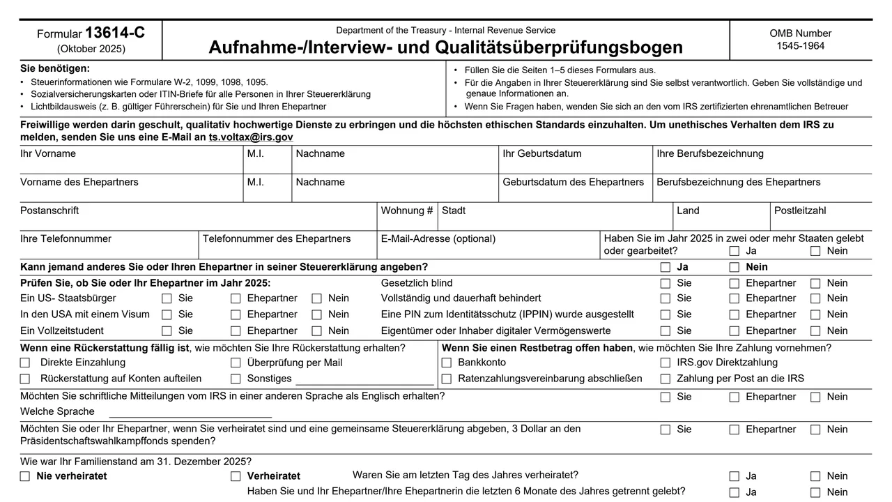 Top of page 1 of Form 13614-C (de): Intake/Interview and Quality Review Sheet, German Version, as printed by IRS