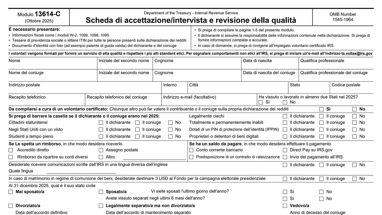 Top of page 1 of Form 13614-C (it): Intake/Interview and Quality Review Sheet, Italian Version, as printed by IRS