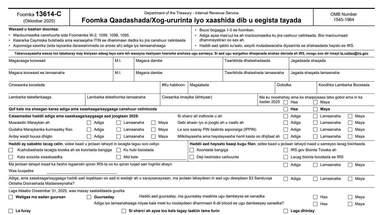 Top of page 1 of Form 13614-C (so): Intake/Interview and Quality Review Sheet, Somali Version, as printed by IRS