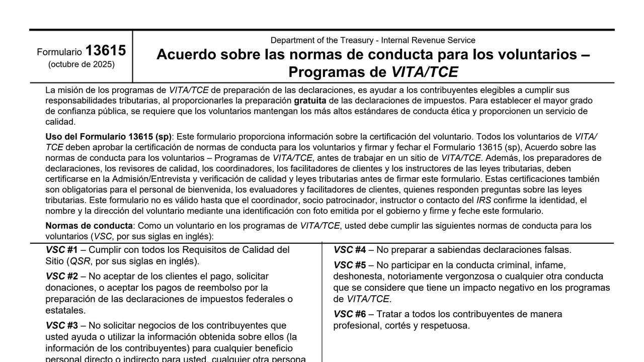 Top of page 1 of Form 13615 (sp): Volunteer Standards of Conduct Agreement, Spanish Version, as printed by IRS