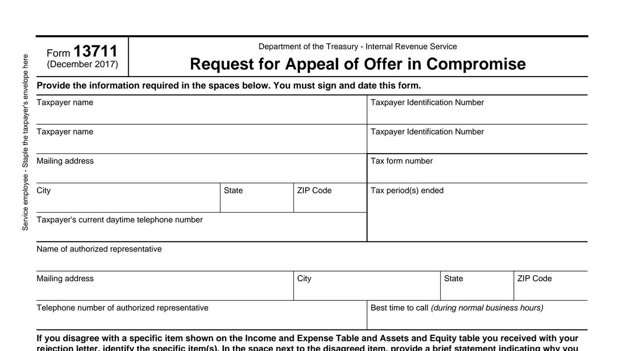 Top of page 1 of Form 13711: Request for Appeal of Offer in Compromise, as printed by IRS