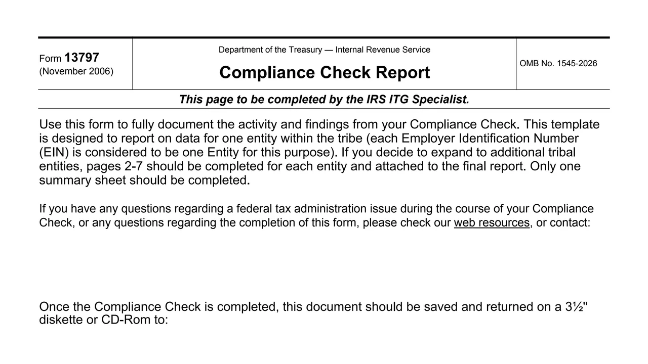 Top of page 1 of Form 13797: Compliance Check Report, as printed by IRS