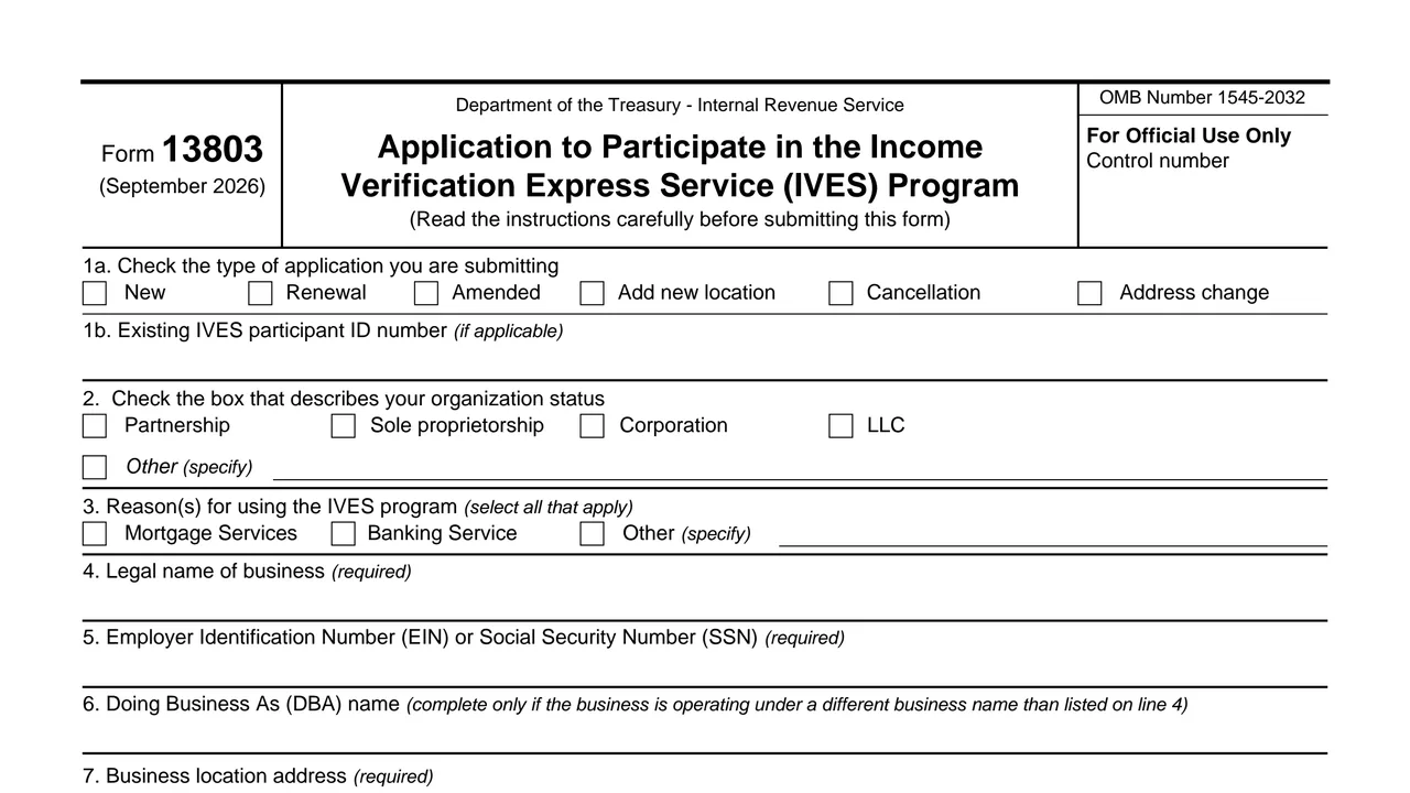 Top of page 1 of Form 13803: Application to Participate in the IVES Program, as printed by IRS