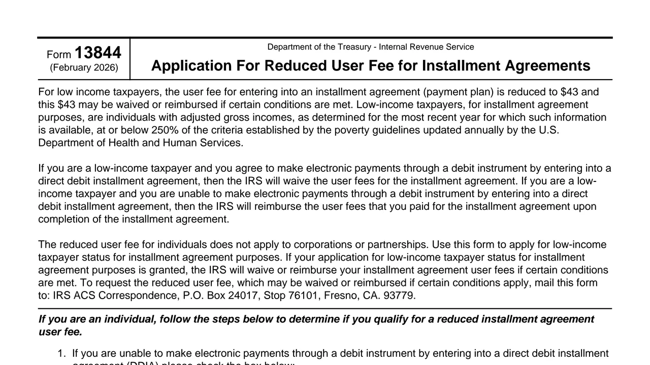Top of page 1 of Form 13844: Application for Reduced User Fee for Installment Agreements, as printed by IRS