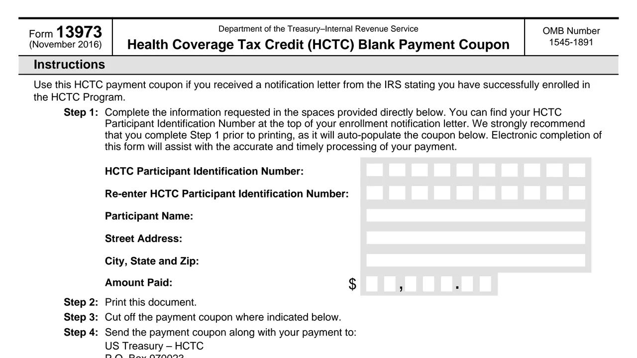 Top of page 1 of Form 13973: Health Coverage Tax Credit (HCTC) Blank Payment Coupon, as printed by IRS