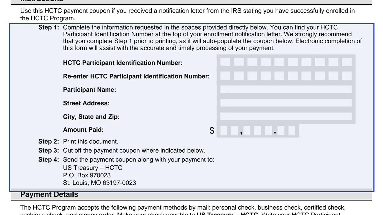 Step 1 information block on page 1 of Form 13973: Health Coverage Tax Credit (HCTC) Blank Payment Coupon, as printed by IRS