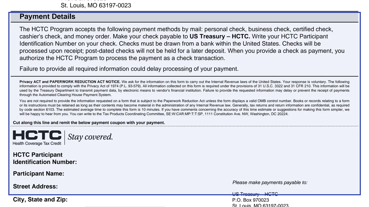 Payment Details on page 1 of Form 13973: Health Coverage Tax Credit (HCTC) Blank Payment Coupon, as printed by IRS