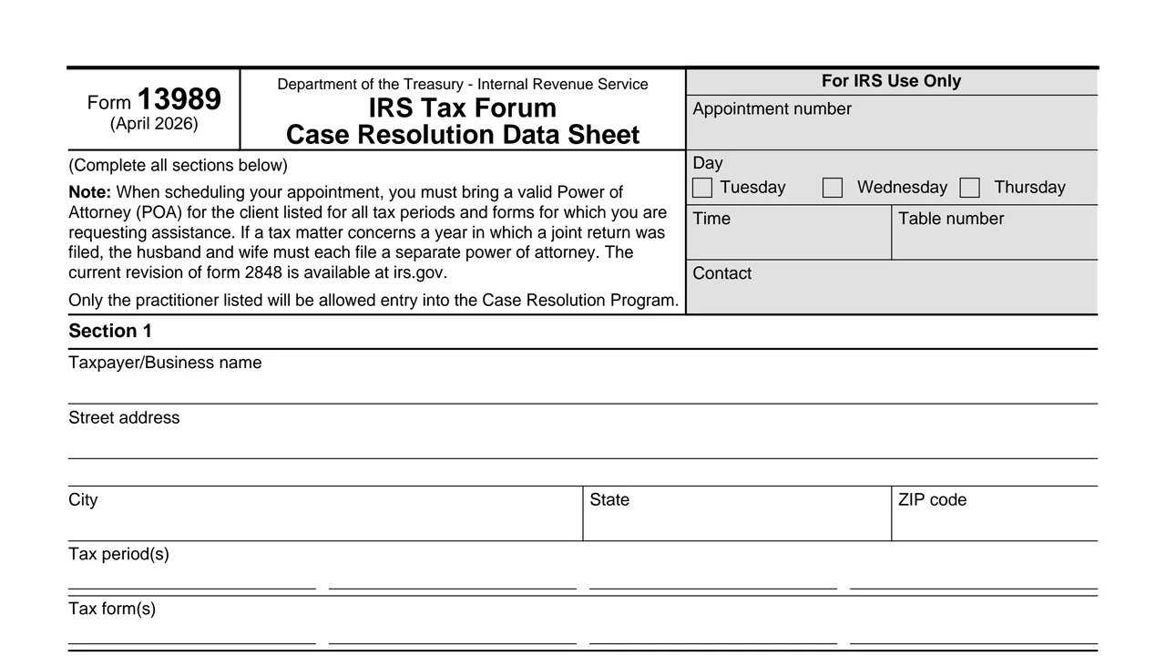 Top of page 1 of Form 13989: IRS Tax Forum Case Resolution Data Sheet, as printed by IRS