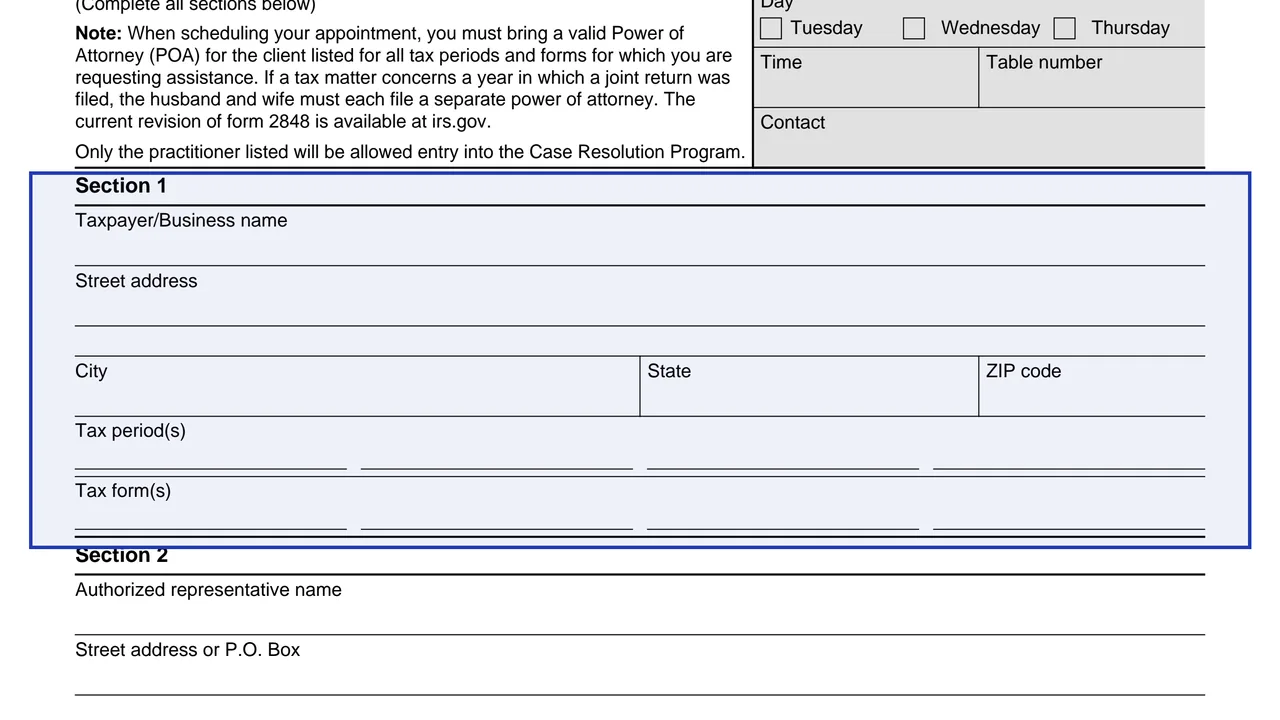 Section 1: client on page 1 of Form 13989: IRS Tax Forum Case Resolution Data Sheet, as printed by IRS