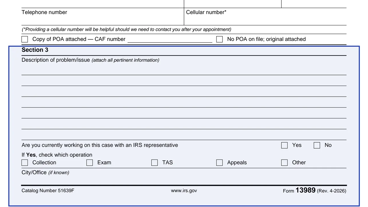 Section 3: the problem on page 1 of Form 13989: IRS Tax Forum Case Resolution Data Sheet, as printed by IRS