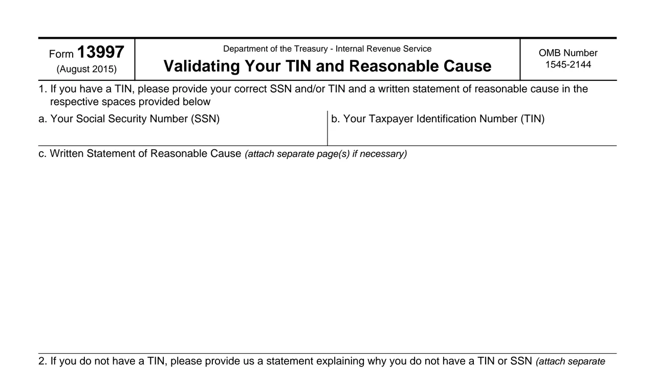 Top of page 1 of Form 13997: Validating Your TIN and Reasonable Cause, as printed by IRS