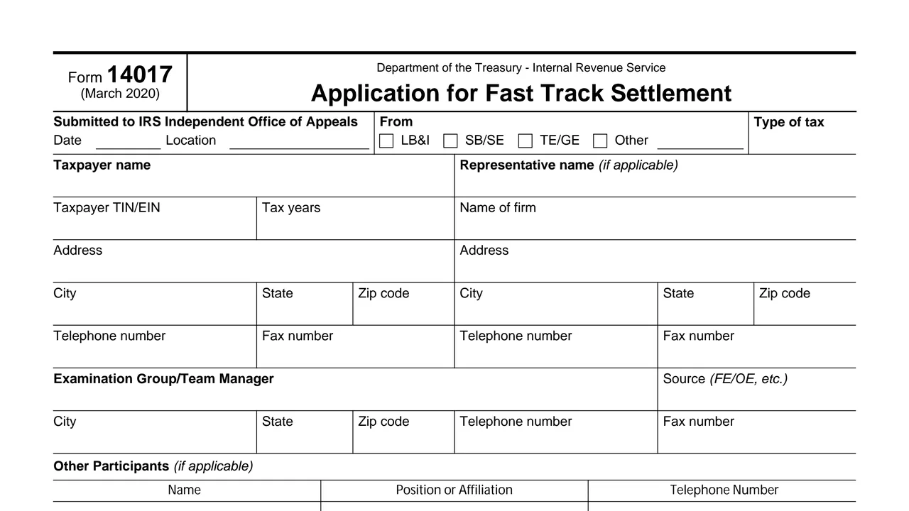 Top of page 1 of Form 14017: Application for Fast Track Settlement, as printed by IRS