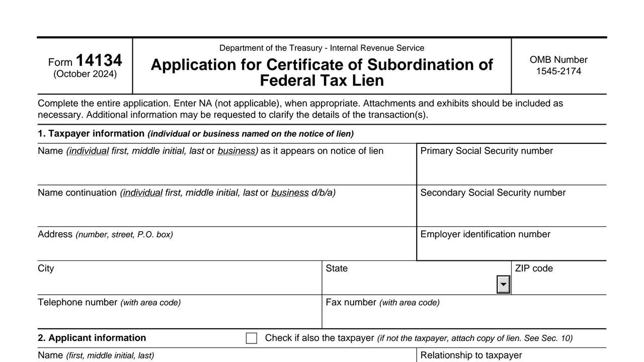 Top of page 1 of Form 14134: Application for Certificate of Subordination of Federal Tax Lien, as printed by IRS
