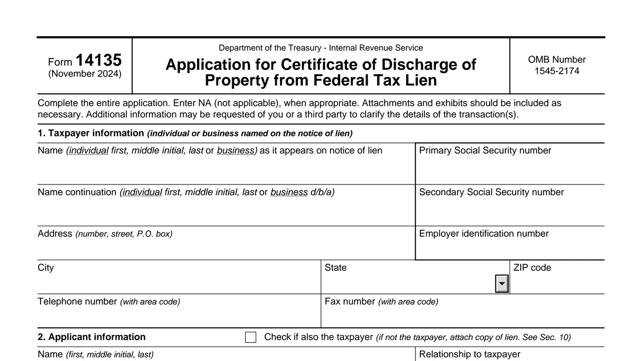 Top of page 1 of Form 14135: Application for Certificate of Discharge of Property from Federal Tax Lien, as printed by IRS