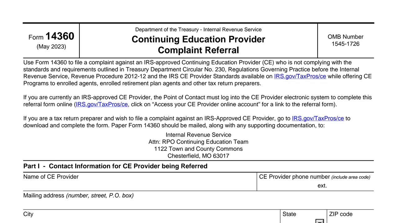 Top of page 1 of Form 14360: Continuing Education Provider Complaint Referral, as printed by IRS