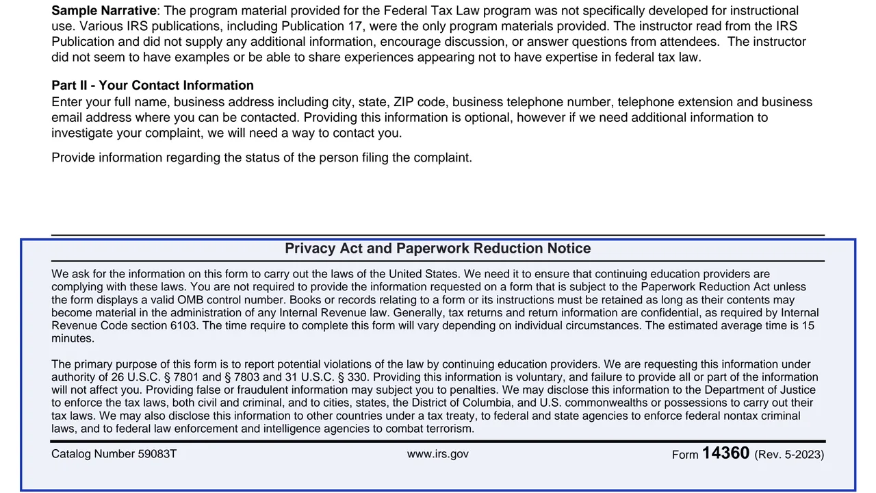 Privacy Act and Paperwork Reduction Notice on page 2 of Form 14360: Continuing Education Provider Complaint Referral, as printed by IRS