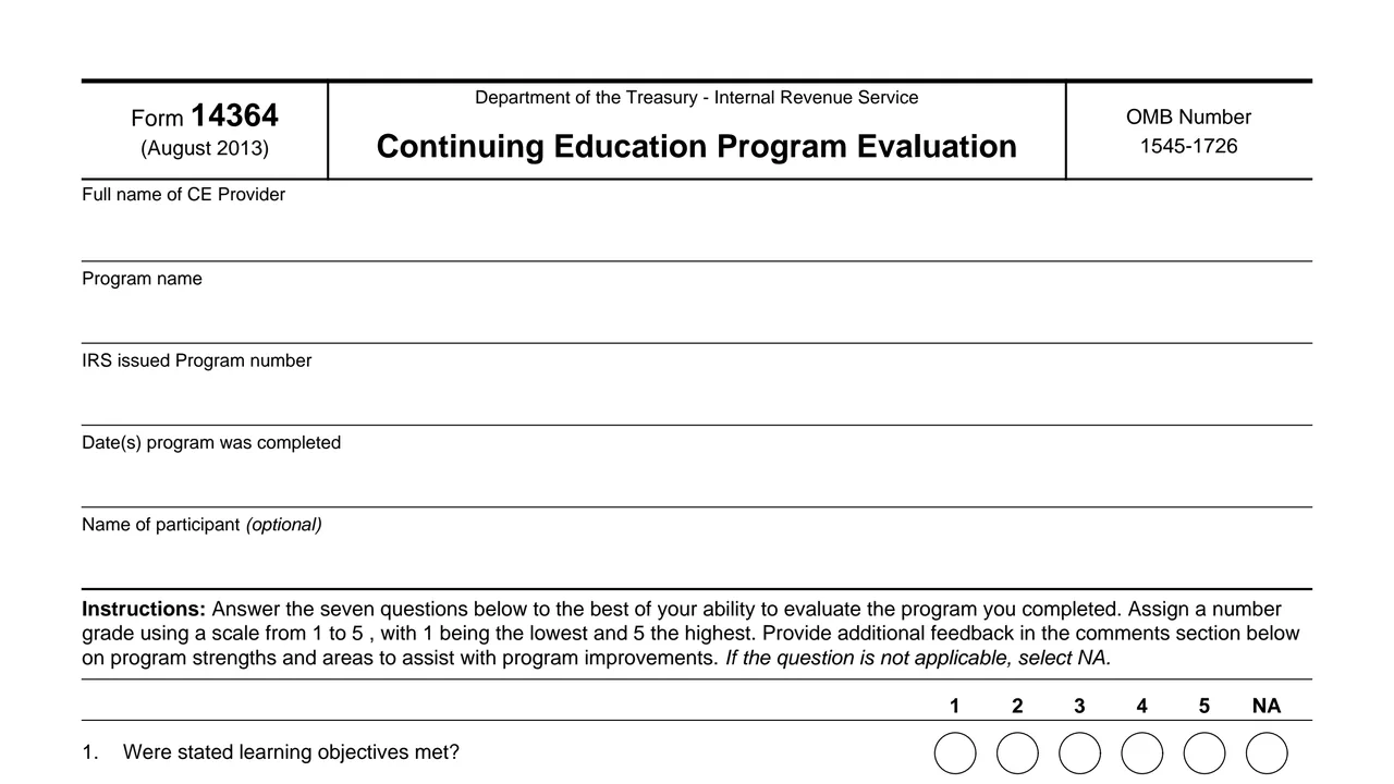 Top of page 1 of Form 14364: Continuing Education Program Evaluation, as printed by IRS