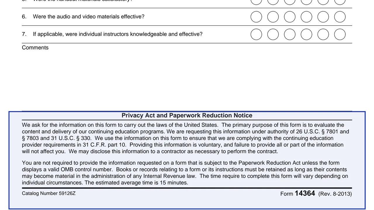 Privacy Act and Paperwork Reduction Notice on page 1 of Form 14364: Continuing Education Program Evaluation, as printed by IRS