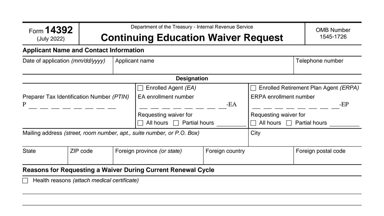 Top of page 1 of Form 14392: Continuing Education Waiver Request, as printed by IRS