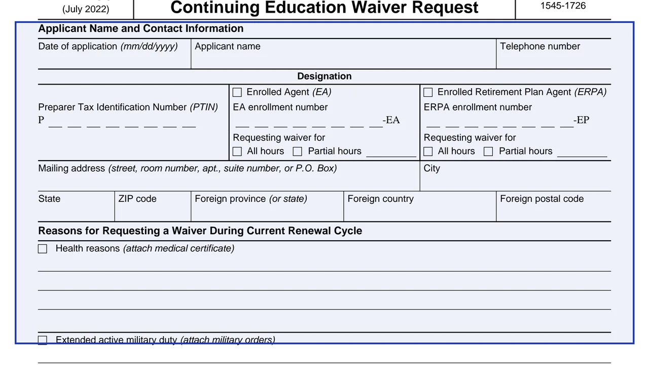 Applicant name and contact information on page 1 of Form 14392: Continuing Education Waiver Request, as printed by IRS