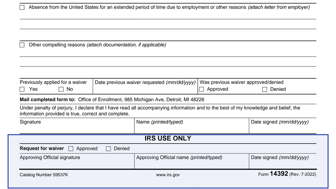 IRS use only on page 1 of Form 14392: Continuing Education Waiver Request, as printed by IRS