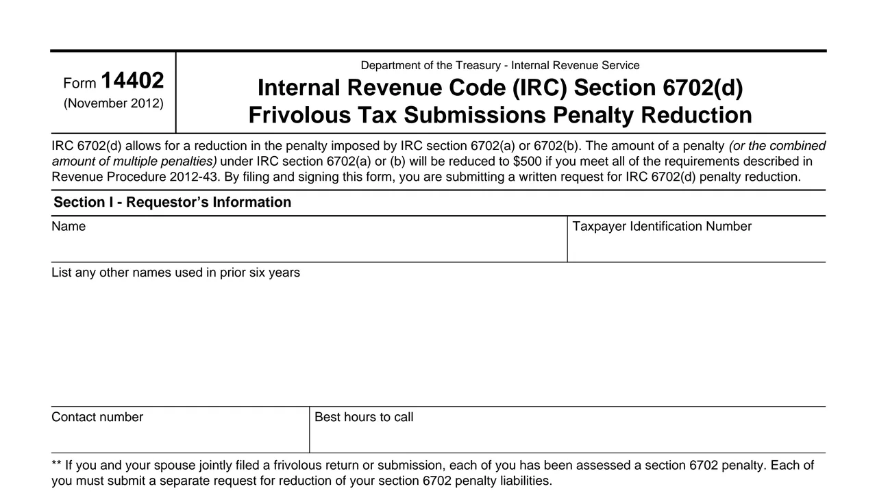 Top of page 1 of Form 14402: IRC Section 6702(d) Frivolous Tax Submissions Penalty Reduction, as printed by IRS