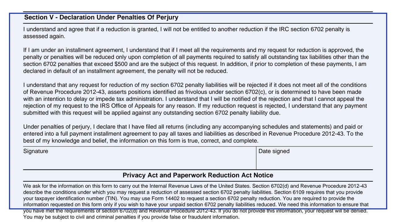 Section V: Declaration Under Penalties Of Perjury on page 2 of Form 14402: IRC Section 6702(d) Frivolous Tax Submissions Penalty Reduction, as printed by IRS