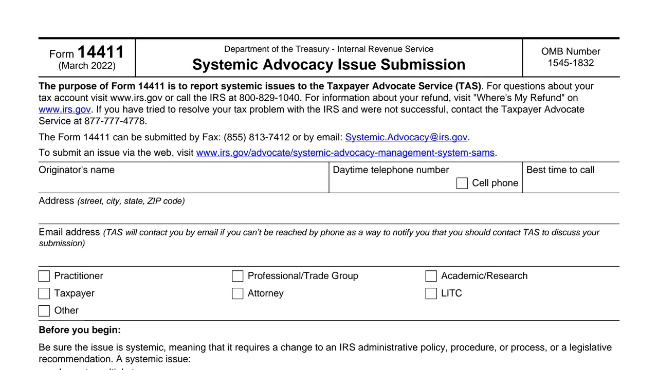 Top of page 1 of Form 14411: Systemic Advocacy Issue Submission, as printed by IRS
