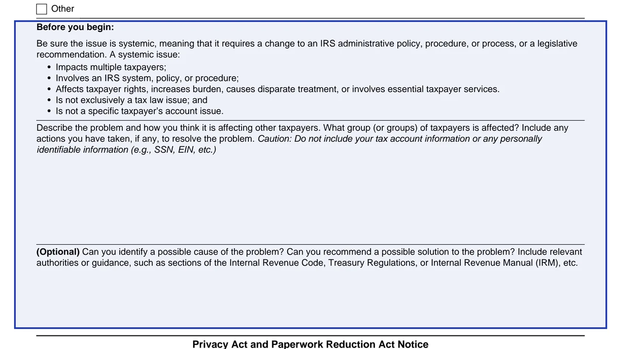 Before you begin on page 1 of Form 14411: Systemic Advocacy Issue Submission, as printed by IRS