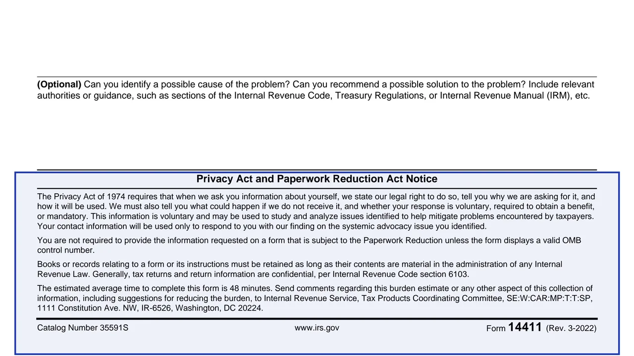 Privacy Act and Paperwork Reduction Act Notice on page 1 of Form 14411: Systemic Advocacy Issue Submission, as printed by IRS