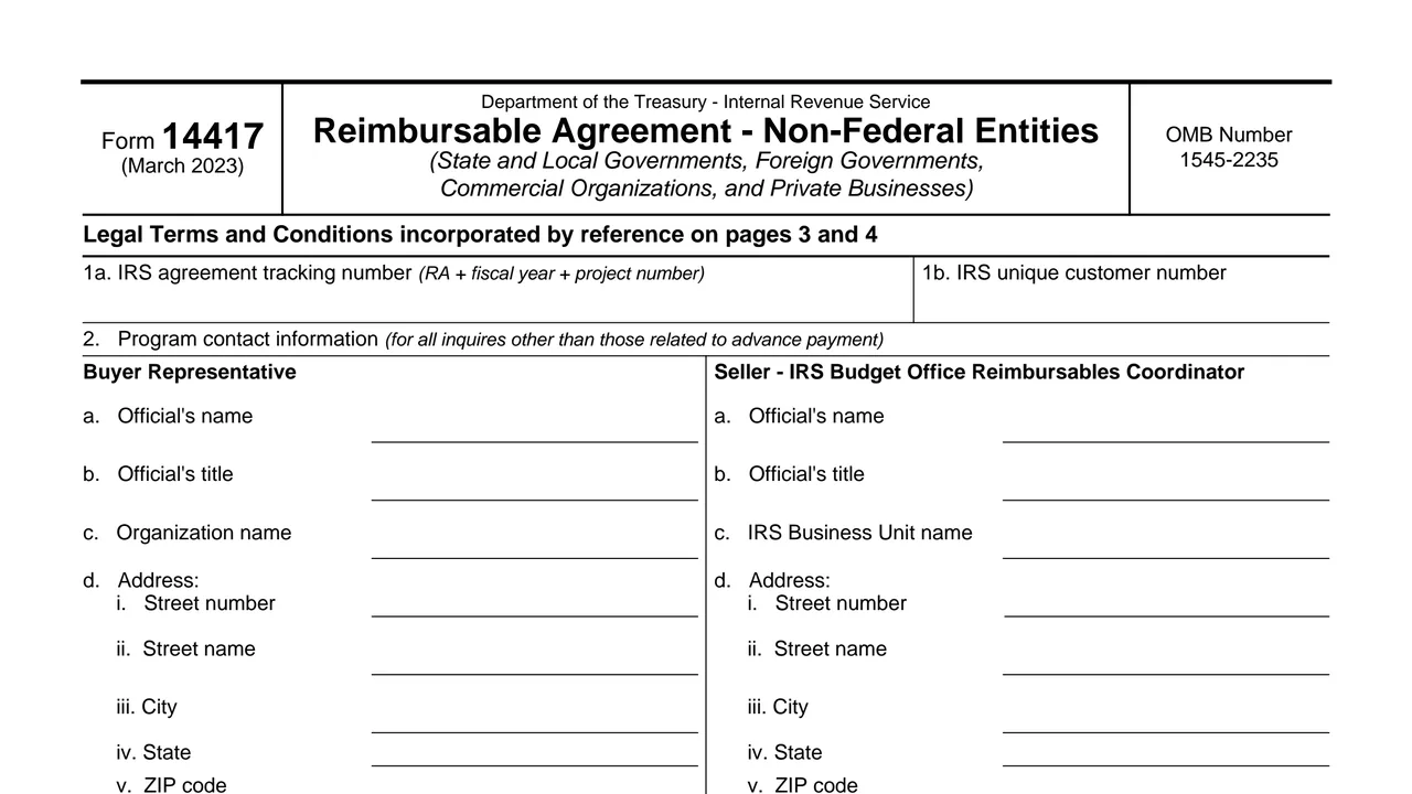 Top of page 1 of Form 14417: Reimbursable Agreement - Non-Federal Entities, as printed by IRS