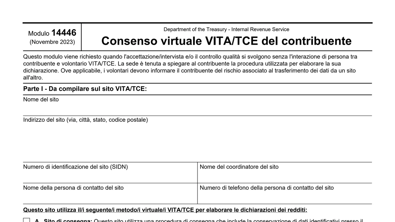 Top of page 1 of Form 14446 (it): Virtual VITA/TCE Taxpayer Consent, Italian Version, as printed by IRS