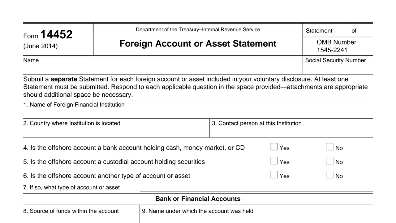 Top of page 1 of Form 14452: Foreign Account or Asset Statement, as printed by IRS