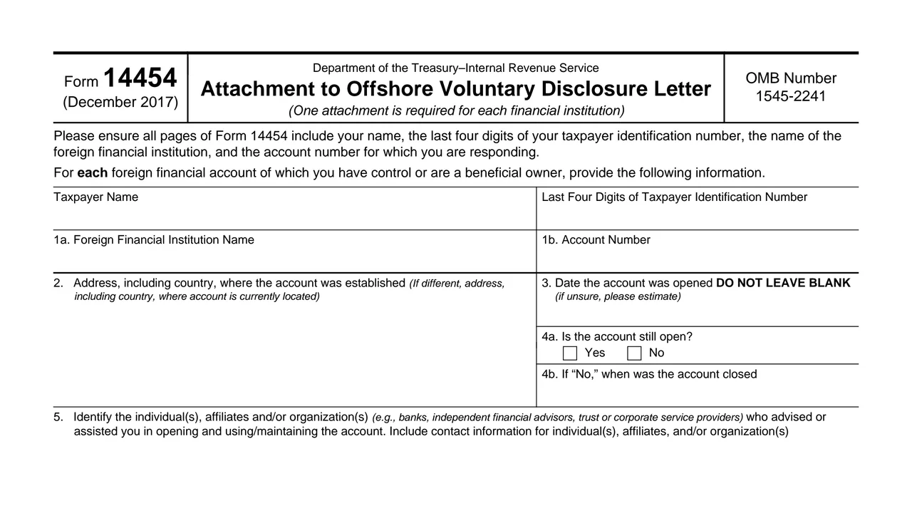 Top of page 1 of Form 14454: Attachment to Offshore Voluntary Disclosure Letter, as printed by IRS