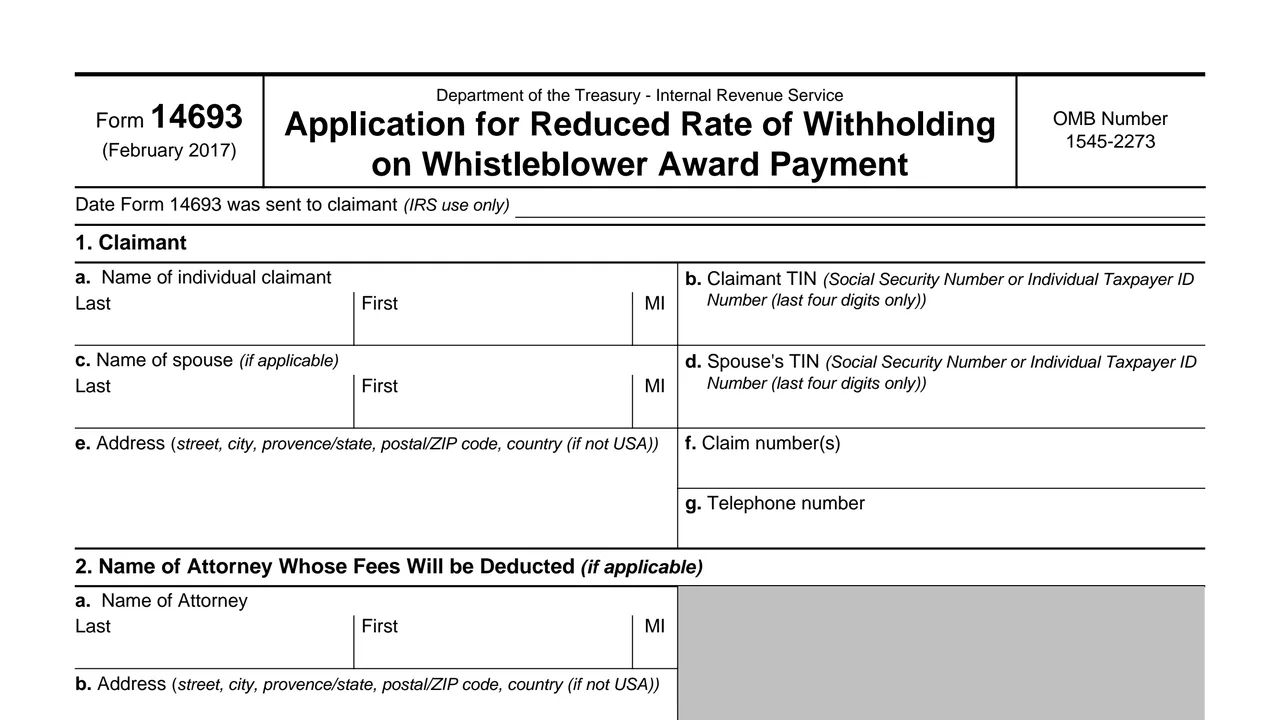 Top of page 1 of Form 14693: Application for Reduced Rate of Withholding on Whistleblower Award Payment, as printed by IRS