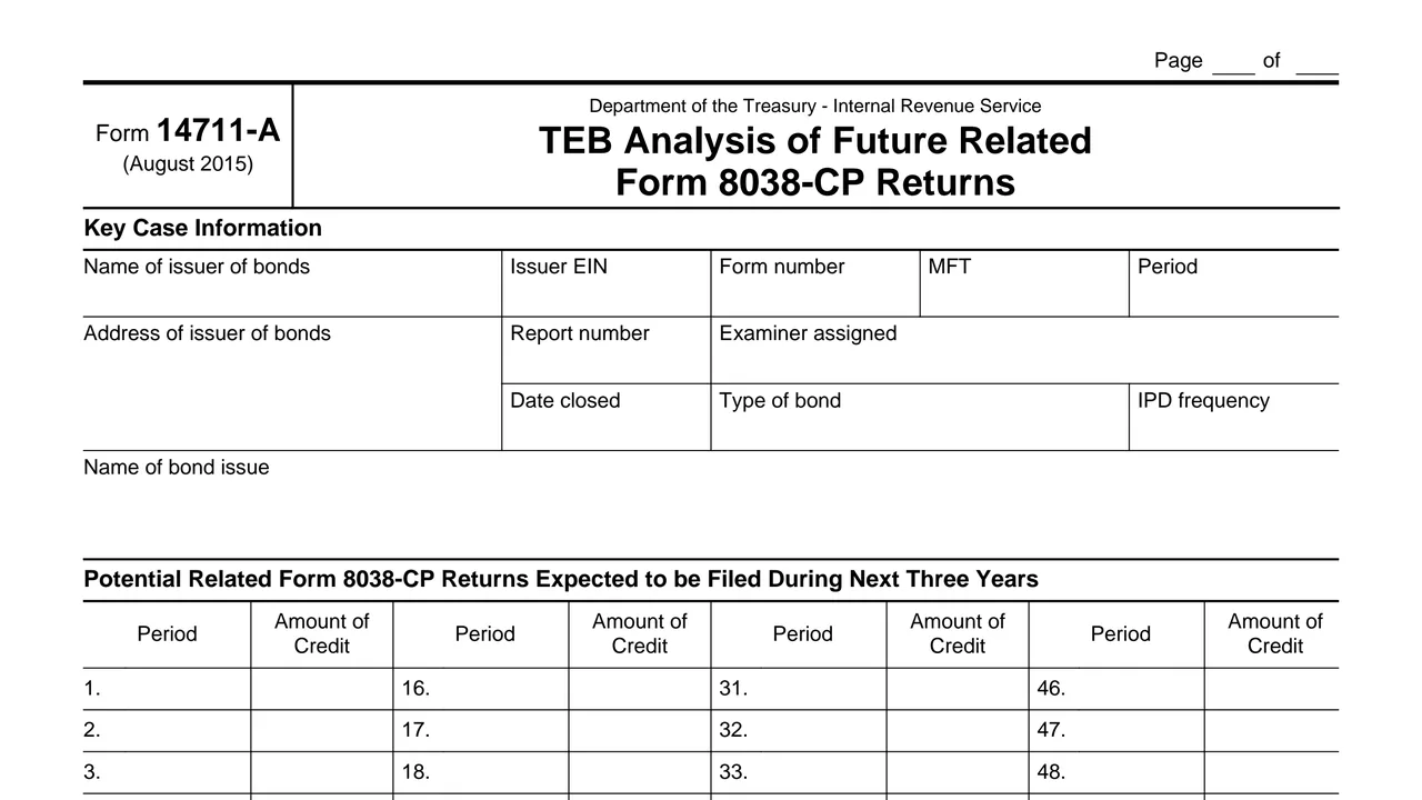 Top of page 1 of Form 14711-A: TEB Analysis of Future Related Form 8038-CP Returns, as printed by IRS