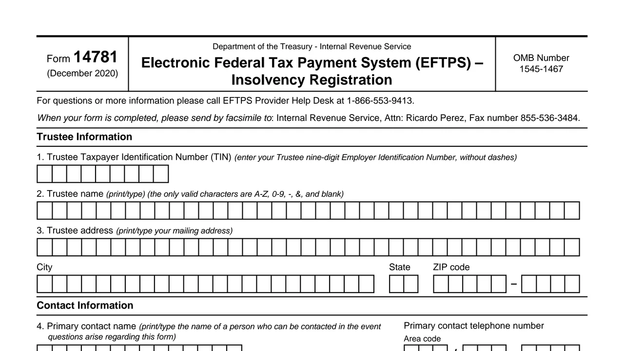 Top of page 1 of Form 14781: Electronic Federal Tax Payment System (EFTPS) Insolvency Registration, as printed by IRS