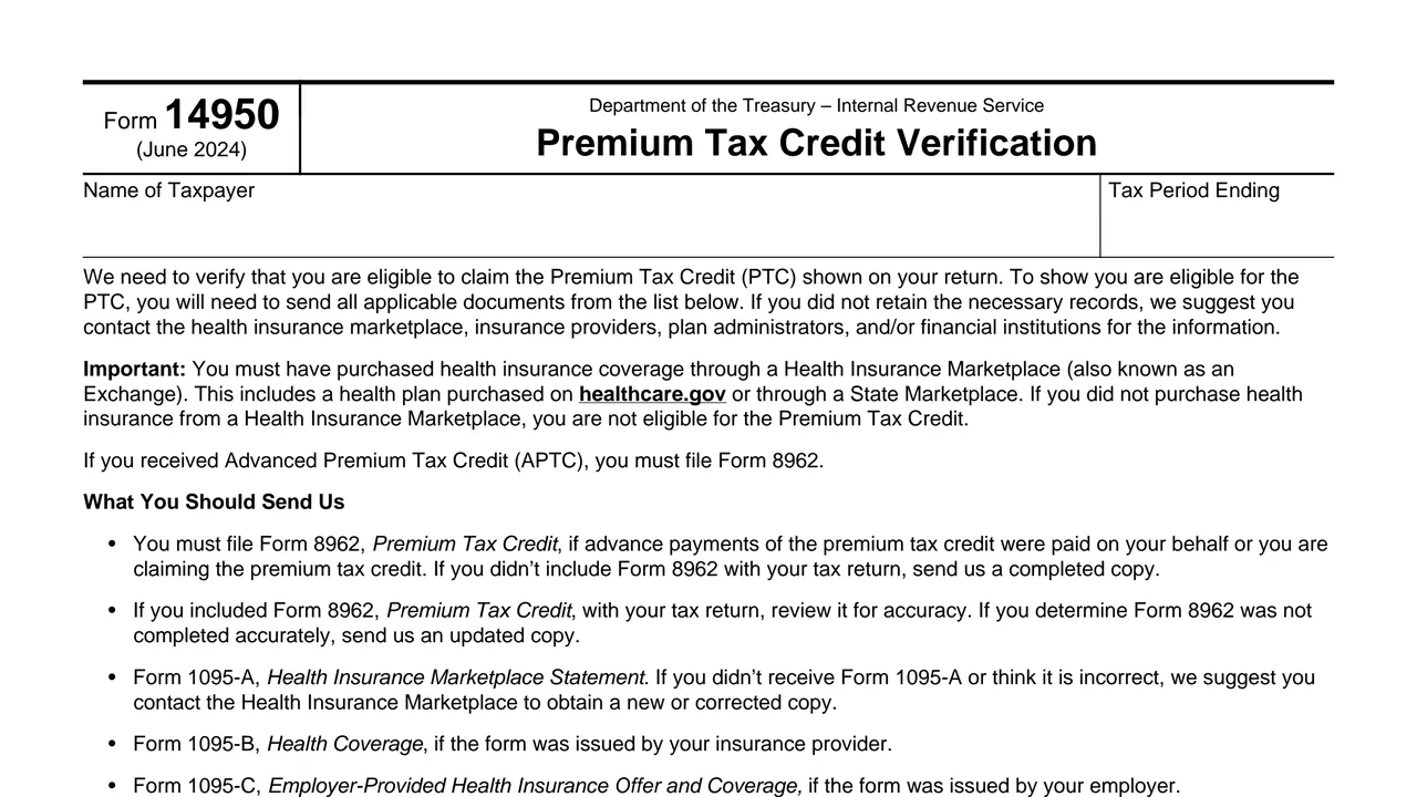 Top of page 1 of Form 14950: Premium Tax Credit Verification, as printed by IRS