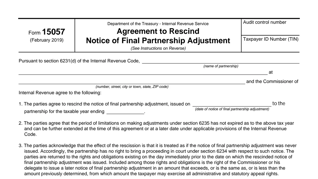 Top of page 1 of Form 15057: Agreement to Rescind Notice of Final Partnership Adjustment, as printed by IRS